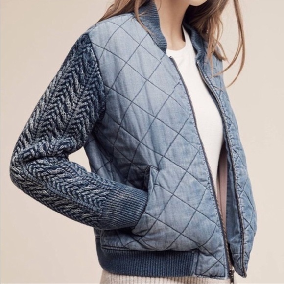 RELISTED Anthropology Cloth & Stone Bomber Jacket Quilted Chambray Braided - Picture 2 of 15